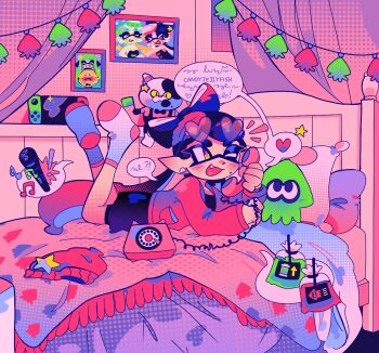 agent_3_(splatoon) beanie bed black_hair callie_(agent_1_casual)_(splatoon) callie_(splatoon) callie_(squid_sisters_outfit)_(splatoon) candyje11yfish cousins earrings fang feet_up hair_ribbon hat heart heart-shaped_eyewear highres inkling jacket jewelry judd_(splatoon) long_hair lying marie_(splatoon) marie_(squid_sisters_outfit)_(splatoon) microphone mole mole_under_eye musical_note nintendo nintendo_switch on_bed one_eye_closed open_mouth pillow pink_jacket pointy_ears ribbon socks speech_bubble splatoon_(series) squid talking_on_phone tentacle_hair zapfish