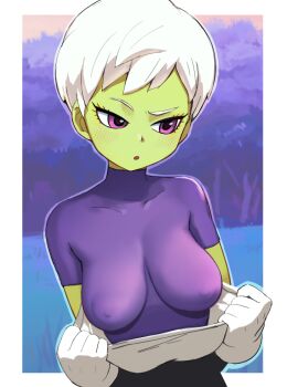 1girl beyon_(inazuma_sonikku) blush breasts cheelai colored_skin dragon_ball dragon_ball_(classic) dragon_ball_super eyelashes green_skin large_breasts outside_border purple_eyes sagging_breasts short_hair skin_tight sweat white_hair