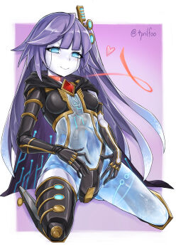 1girl 41_(chvinyau) absurdres android blue_eyes border breasts closed_mouth commentary_request crotch_plate duel_monster full_body galatea_the_orcust_automaton heart highres hood hood_down ib_(yu-gi-oh!) long_hair looking_at_viewer one_side_up pale_skin pink_background purple_hair small_breasts smile solo transparent twitter_username very_long_hair white_border yu-gi-oh!