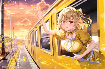 1girl arm_up bench breasts brown_dress brown_eyes brown_hair cloud collarbone commentary_request dress frilled_dress frills fujima_takuya hagiwara_himawari hair_between_eyes hair_ornament hair_scrunchie large_breasts looking_at_viewer one_eye_closed open_mouth outdoors petals puffy_short_sleeves puffy_sleeves scrunchie sekai_de_ichiban_tsuyoku_naritai! short_sleeves sky solo sunset tears train train_station train_station_platform twitter_username utahime_dream yellow_scrunchie