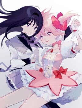 2girls akemi_homura akemi_homura_(magical_girl) black_hair black_hairband bow collarbone couple dress dress_bow frilled_skirt frills gloves hair_bow hairband highres holding_hands kaname_madoka kaname_madoka_(magical_girl) long_hair magical_girl mahou_shoujo_madoka_magica mahou_shoujo_madoka_magica_(anime) multiple_girls neck_ribbon pink_dress pink_eyes pink_hair puffy_short_sleeves puffy_sleeves purple_eyes purple_ribbon purple_skirt red_bow ribbon shizumu_(shi_zumu) short_sleeves short_twintails skirt soul_gem twintails white_gloves yuri