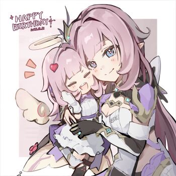 2girls absurdres angel_wings black_gloves black_shrug blue_eyes border breasts cleavage commentary corset dress elf elf_elysia elysia_(honkai_impact) elysia_(miss_pink_elf)_(honkai_impact) gloves halo hanaguruma_(hana96ma) happy_birthday highres honkai_(series) honkai_impact_3rd hug large_breasts long_hair looking_at_viewer multiple_girls pink_hair pointy_ears purple_background shrug_(clothing) single_glove smile symbol-only_commentary very_long_hair white_border white_corset white_dress white_gloves wings