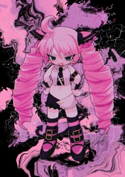 1girl black_background black_necktie black_shoes black_shorts black_wrist_cuffs blush_stickers breasts crop_top dark deformed dot_nose drill_hair fang full_body green_eyes grid_background hair_ornament half-closed_eyes hands_on_own_hips highres long_hair looking_ahead lowleg lowleg_shorts mary_janes navel necktie oisiionigiriiii open_mouth original pale_skin palmar_flexion pink_background pink_hair pink_socks shirt shoes short_shorts shorts side_ahoge sleeveless sleeveless_shirt small_breasts socks solo standing stomach swept_bangs tareme twin_drills two-tone_background two-tone_shorts two-tone_wrist_cuffs v-shaped_eyebrows very_long_hair wavy_background white_shirt white_shorts white_wrist_cuffs wrist_cuffs