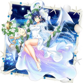 1girl :3 alternate_costume anchor blue_hair bouquet breasts closed_mouth cloud collarbone covered_navel dress flower flower_request full_body full_moon game_cg green_eyes hat high_heels highres holding holding_bouquet leaf long_sleeves looking_at_viewer monkey moon murasa_minamitsu night ocean off-shoulder_dress off_shoulder official_art rotte_(1109) seashell see-through_clothes see-through_sleeves shell shoes short_hair sky smile solo star_(sky) starfish thighs third-party_source touhou touhou_lostword transparent_background water wedding_dress white_dress white_flower white_hat wide_sleeves