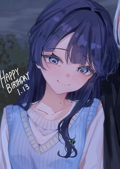 2girls absurdres blue_eyes blue_hair blue_sweater_vest blurry blurry_background blush closed_mouth collarbone commentary_request dated hair_intakes hand_on_another's_shoulder happy_birthday highres jin_(oihlf) link!_like!_love_live! long_hair love_live! mole mole_on_neck multiple_girls murano_sayaka murano_sayaka_(winter_loungewear) out_of_frame smile sweater sweater_vest upper_body white_sweater yugiri_tsuzuri