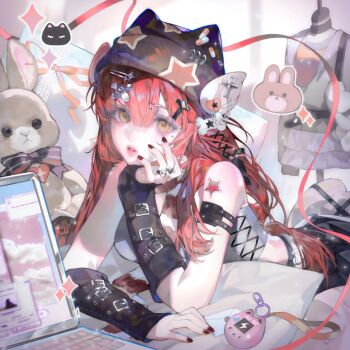 1girl bare_shoulders belt black_skirt bow breasts computer fingerless_gloves gloves hair_between_eyes hair_ornament hairclip hat jewelry jirai_kei large_variant_set long_hair looking_at_viewer lying nail_polish on_stomach original parted_lips red_hair red_nails ribbon ring shirt skirt sleeveless solo star_(symbol) stuffed_animal stuffed_rabbit stuffed_toy tai01 tattoo teddy_bear variant_set x_hair_ornament yellow_eyes