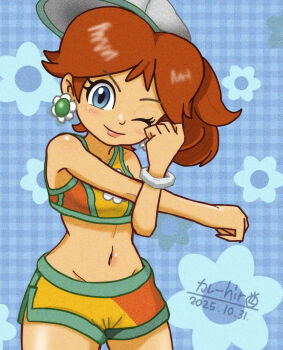 1girl aqua_trim ballhuman baseball_cap bikini bikini_shorts blue_eyes bracelet breasts commentary_request cowboy_shot dated earrings floral_background flower_earrings hat high_side_ponytail highres jewelry mario_(series) mario_kart mario_kart_world navel nintendo official_alternate_costume one_eye_closed orange_hair orange_sports_bra parted_bangs plaid_background princess_daisy princess_daisy_(swimwear)_(mario_kart_world) short_shorts shorts side_ponytail solo sports_bra stretching swimsuit yellow_shorts yellow_sports_bra