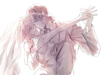 1boy 1girl alternate_costume alternate_universe arm_up backless_dress backless_outfit breasts bridal_veil closed_eyes closed_mouth collared_shirt couple dress facing_another facing_viewer fingernails formal_clothes genshin_impact glint hair_between_eyes hair_over_one_eye hand_on_another&#039;s_shoulder hands_up happy hetero highres holding_hands interlocked_fingers jacket jewelry layered_sleeves long_sleeves medium_breasts necktie open_mouth rerir_(genshin_impact) ring sepia shirt short_hair slushy-sash smile suit suit_jacket tholindis_(genshin_impact) twitter_username undershirt veil wedding_ring white_background