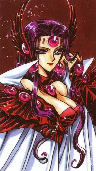 1990s_(style) 1girl alcyone alcyone_(rayearth) breasts clamp cloak earrings facial_mark female_focus forehead_mark gem headgear jewelry long_hair magic_knight_rayearth official_art purple_eyes purple_hair retro_artstyle scan smile solo