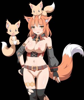 1girl animal_ears breasts cleft_of_venus fox fox_ears fox_girl fox_tail fox_tamer_(sakura_dungeon) highres long_hair medium_breasts midriff nipples nude orange_hair sakura_dungeon tail wanaca winged_cloud yellow_eyes