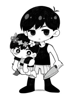 Rule 34 | 2boys, age switch, aged down, aged up, antenna hair, blush, closed mouth, collarbone, commentary request, double-parted bangs, dual persona, expressionless, flag, greyscale, hair between eyes, highres, holding, holding flag, kneehighs, looking at viewer, male focus, monochrome, multiple boys, omori, omori (omori), open mouth, shirotsume 143, shirt, short hair, shorts, size difference, socks, striped clothes, striped shorts, sunny (omori), t-shirt, tank top, vertical-striped clothes, vertical-striped shorts