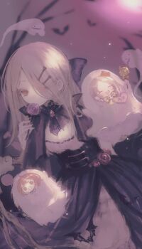 3girls ahoge bat_(animal) black_bow black_capelet black_corset black_dress blonde_hair bone_hair_ornament bow breasts brooch brown_eyes brown_hair candy capelet chibi cleavage closed_eyes colored_eyelashes commentary_request corset cowboy_shot dress eating flat_chest flower food gakuen_idolmaster ghost hair_bow hair_ornament hairclip halloween halloween_costume hanami_ume highres holding holding_candy holding_food holding_lollipop idolmaster jewelry konkontsuki kuramoto_china light_particles lollipop long_hair looking_at_viewer medium_hair moon moonlight multiple_girls name_tag open_mouth orange_eyes outdoors pale_skin parallel_hairclips red_flower red_rose rose shinosawa_hiro skull swirl_lollipop white_dress