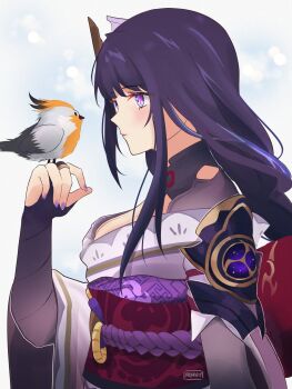 Rule 34 | 1girl, armor, artist name, back bow, bird, bird on hand, blue sky, blunt bangs, bow, breasts, bridal gauntlets, cleavage, closed mouth, clothing cutout, cloud, cloudy sky, commentary, english commentary, from side, genshin impact, hair ornament, highres, japanese clothes, kimono, light blush, looking at animal, looking down, medium breasts, mitsudomoe (shape), multicolored hair, neck ribbon, purple eyes, purple hair, purple kimono, raiden shogun, red ribbon, red sash, ribbon, rinny rin2, sash, shoulder armor, shoulder cutout, sky, solo, streaked hair, tomoe (symbol), upper body