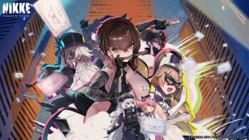 6+girls absurdres black_capelet black_gloves black_hat blue_eyes blue_hat blue_skirt braid breasts brown_eyes brown_hair building cape capelet cleavage commander_(nikke) commentary delta_(nikke) delta_(ninja_thief)_(nikke) elbow_gloves english_commentary eye_mask gloves goddess_of_victory:_nikke green_eyes grey_hair hat highres holding holding_kunai holding_weapon knife_in_mouth kunai large_breasts long_hair looking_afar mask miranda_(nikke) miranda_(thief_of_justice)_(nikke) multiple_girls ninja official_art open_mouth phantom_(nikke) pink_eyes pink_hair poli_(nikke) police police_uniform policewoman purple_eyes quency_(escape_queen)_(nikke) quency_(nikke) quiry_(nikke) short_hair skirt skyscraper teeth upper_teeth_only weapon white_cape white_gloves white_hair