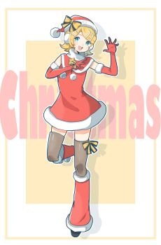 Rule 34 | 1girl, blonde hair, blue eyes, bow, bow legwear, capelet, commentary request, dress, earmuffs, fur-trimmed capelet, fur-trimmed dress, fur-trimmed gloves, fur-trimmed leg warmers, fur collar, fur trim, gloves, hair ornament, hairclip, hat, hat bow, highres, kagamine rin, leg warmers, looking to the side, open mouth, penchuan qi, pom pom (clothes), santa costume, santa dress, santa hat, short hair, sleeveless, sleeveless dress, smile, solo, standing, standing on one leg, thighhighs, vocaloid