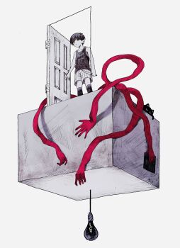 1boy absurdres antenna_hair black_eyes black_hair black_socks black_tank_top cat closed_mouth collarbone commentary_request door expressionless grey_background highres holding holding_knife kneehighs knife light_bulb looking_at_viewer male_focus mewo o_oquo omori omori_(omori) open_door short_hair shorts simple_background socks solo standing striped_clothes striped_shorts tank_top vertical-striped_clothes vertical-striped_shorts white_shorts