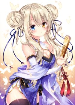 Rule 34 | 1girl, bare shoulders, black thighhighs, blue dress, blue eyes, blush, breasts, brown hair, china dress, chinese clothes, cleavage, covered navel, cowboy shot, detached sleeves, double bun, dress, female focus, folded fan, folding fan, gradient background, hair bun, hand fan, heterochromia, holding, long hair, looking at viewer, luca (nogi takayoshi), medium breasts, nogi takayoshi, orange eyes, original, parted lips, pelvic curtain, shawl, solo, standing, tassel, thighhighs