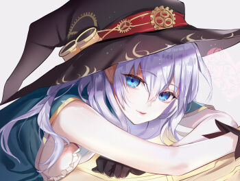 1girl bare_arms black_gloves black_hat blue_eyes breasts cape commentary_request copyright_request female_focus gloves goggles goggles_on_headwear green_cape hair_between_eyes hat highres long_hair looking_at_viewer medium_breasts simple_background solo white_background white_hair witch_hat youta