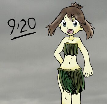 1girl amayzing2002 arm_at_side arm_behind_back armpit_crease bikini blue_eyes brown_hair clenched_hand collarbone eyelashes fangs flat_chest gradient_background grass_skirt grey_background groin happy happy_birthday highres knees leaf_bikini legs legs_together may_(pokemon) medium_hair midriff navel neck nintendo no_bra no_panties official_alternate_costume open_mouth outdoors pokemon pokemon_adventures revealing_clothes sidelocks standing stomach swept_bangs thighs tomboy topknot