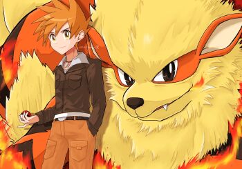 Rule 34 | 1boy, arcanine, belt, belt buckle, blue oak, breast pocket, brown jacket, buckle, closed mouth, commentary request, dated, gen 1 pokemon, hand in pocket, holding, holding poke ball, jacket, jewelry, long sleeves, m12ki, male focus, necklace, nintendo, orange hair, orange pants, pants, pocket, poke ball, poke ball (basic), pokemon, pokemon (creature), pokemon hgss, short hair, smile, spiked hair, watermark