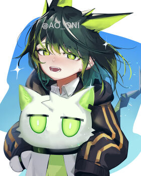 1girl animal_ears ao_oni_(onioni-aoi) arknights artist_name character_doll commentary_request doll green_eyes green_hair highres jacket kal&#039;tsit_(arknights) mon3tr_(arknights) open_mouth solo watermark