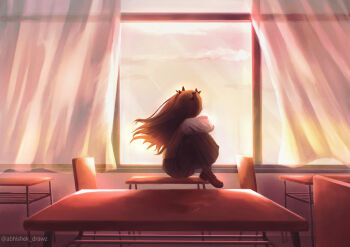 Rule 34 | 1girl, abhishek drawz, absurdres, black hair, black thighhighs, brown shoes, classroom, crossed arms, desk, dress shoes, dusk, fate/stay night, fate (series), highres, long hair, looking outside, looking to the side, on desk, shoes, sitting, skirt, solo, thighhighs, tohsaka rin, twintails, two side up