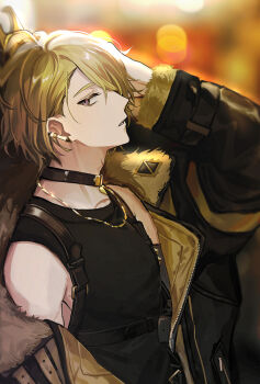 1boy bare_shoulders belt bishounen black_belt black_choker black_jacket black_tank_top blonde_hair blurry blurry_background chest_belt chest_harness choker collarbone commentary daenarys depth_of_field ear_piercing earrings english_commentary from_side fur-trimmed_jacket fur_trim hair_over_one_eye hand_in_own_hair hand_on_own_head harness highres jacket jewelry long_sleeves looking_at_viewer luca_kaneshiro male_focus necklace nijisanji nijisanji_en off_shoulder open_clothes open_jacket parted_lips piercing profile purple_eyes shirt short_hair single_bare_shoulder solo tank_top upper_body virtual_youtuber
