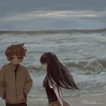 1boy 1girl album_cover_redraw alternate_eye_color antenna_hair black_hair black_sweater_vest brown_coat brown_eyes brown_hair cloud cloudy_sky coat collared_shirt commentary dark-skinned_male dark_skin derivative_work english_commentary hands_in_pockets hero_(faraway)_(omori) hero_(omori) highres koibito_e_(album) lamp_(band) long_hair lulu_(blululu) mari_(faraway)_(omori) mari_(omori) neckerchief ocean omori outdoors red_neckerchief shirt short_hair short_sleeves sky sweater_vest twitter_username water white_shirt