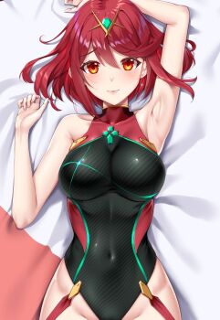 1girl bare_shoulders black_one-piece_swimsuit blush breasts chest_jewel competition_swimsuit covered_navel earrings gem headpiece jewelry large_breasts looking_at_viewer matrix16 one-piece_swimsuit pyra_(pro_swimmer)_(xenoblade) pyra_(xenoblade) red_eyes red_hair red_one-piece_swimsuit short_hair smile solo swept_bangs swimsuit tiara xenoblade_chronicles_(series) xenoblade_chronicles_2