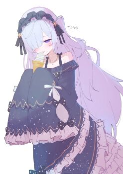 1girl :p absurdres blue_dress blue_headband commentary_request crescent crescent_necklace dress empty_eyes food food_on_face frilled_dress frills gothic_lolita hair_over_one_eye hairband headband highres holding holding_ice_cream_cone ice_cream ice_cream_cone jewelry lolita_fashion lolita_hairband long_hair magical_girl mahou_shoujo_no_majo_saiban natsume_an-an necklace negimasandayo polka_dot purple_eyes simple_background sleeves_past_fingers sleeves_past_wrists solo tied_sleeves tongue tongue_out translation_request very_long_hair white_background white_hair