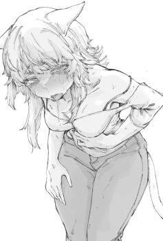 1girl bending bra_strap cat_girl cat_tail denim drooling fluffy_hair hand_on_own_stomach highres jeans monochrome open_mouth original pants shiro_iku shirt sick sweat tail tearing_up
