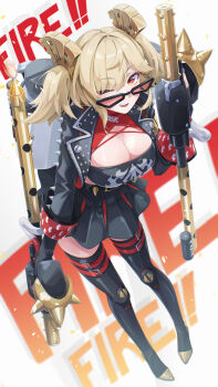 Rule 34 | 1girl, ;d, absurdres, black skirt, black thighhighs, black tube top, blonde hair, breasts, burnice white, cleavage, english text, flamethrower, full body, hair ornament, highres, holding, holding flamethrower, holding weapon, large breasts, long sleeves, looking at viewer, looking over eyewear, midriff, one eye closed, open mouth, propane tank, red-tinted eyewear, red eyes, shoes, sido 262, simple background, skirt, smile, solo, spiked belt, spiked jacket, strapless, sunglasses, thighhighs, tinted eyewear, tube top, twintails, weapon, zenless zone zero