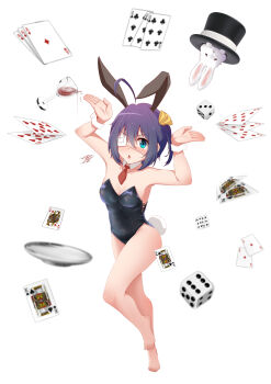 :o absurdres ahoge animal animal_ears barefoot black_leotard blue_eyes blush breasts card chuunibyou_demo_koi_ga_shitai! cleavage detached_collar dice eyepatch glass hair_between_eyes hat highres king_(playing_card) leotard medical_eyepatch medium_breasts medium_hair necktie playing_card queen_(playing_card) rabbit rabbit_ears rabbit_tail red_necktie seisen short_necktie tail takanashi_rikka top_hat wrist_cuffs