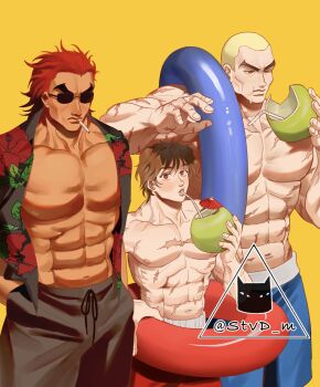 Rule 34 | 3boys, abs, artist logo, artist name, bara, biting, blonde hair, boxer briefs, brothers, brown hair, buzz cut, cigarette, coconut, collared shirt, dark-skinned male, dark skin, eating, father and child, father and son, feet out of frame, fruit as cup, grappler baki, hand in pocket, hanma baki, hanma yujiro, highres, jack hanma, large pectorals, lifebuoy, logo, looking at viewer, looking to the side, male focus, male underwear, manly, mature male, multiple boys, muscular, muscular male, nipples, open clothes, open shirt, pants, parent and child, pectorals, red eyes, red hair, scar, scar on arm, scar on chest, scar on stomach, scared, shirt, short hair, siblings, simple background, smoking, spiked hair, stvd, sunglasses, swim ring, thick eyebrows, topless male, twitter username, umbrella, underwear, very short hair, yellow background
