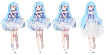 ankle_ribbon asymmetrical_bangs bare_shoulders barefoot benya_(tales_weaver) blue_jacket blue_ribbon blue_shirt blue_sleeves bow breasts caesty cleavage closed_mouth commentary_request dated_commentary dress dress_ribbon expressionless flats flower footwear_bow full_body hair_flower hair_ornament head_tilt highres jacket jacket_ribbon knees_together_feet_apart korean_commentary layered_dress leg_ribbon lily_(flower) long_hair long_sleeves nexon off-shoulder_jacket off-shoulder_shirt off_shoulder official_art production_art purple_bow purple_ribbon red_eyes ribbon shirt shoes short_sleeves sleeve_bow small_breasts standing straight_hair strapless strapless_dress strapless_shirt tales_weaver toes translation_request very_long_hair white_bow white_flower white_lily white_ribbon white_shoes wide_sleeves