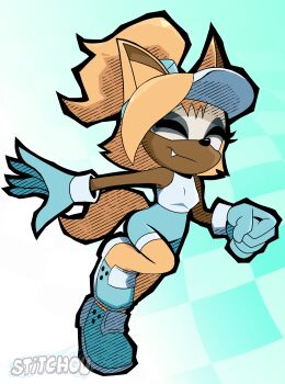 1girl absurdres animal_ears animal_nose aqua_background artist_name bare_shoulders black_eyes blonde_hair blue_background blue_gloves body_fur bodysuit breasts checkered_background clenched_hand closed_eyes closed_mouth eyeshadow fang fang_out full_body furry furry_female gloves gradient_background hair_tie happy highres leg_up looking_at_viewer makeup one_eye_closed outstretched_arm ponytail shirt shoes simple_background sleeveless sleeveless_shirt small_breasts smile solo sonic_(series) sonic_racing:_crossworlds sonic_the_hedgehog_(idw) sportswear standing standing_on_one_leg stitchou swimsuit tail visor_cap whisper_the_wolf whisper_the_wolf_(summer) wolf_ears wolf_girl wolf_tail