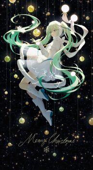 1girl absurdres arm_warmers black_background boots bow christmas_ornaments commentary_request dress full_body green_eyes green_hair hair_between_eyes hatsune_miku highres long_hair merry_christmas osage_(osage8545675) parted_lips short_sleeves solo star_(sky) starry_sky_background twintails very_long_hair vocaloid white_boots white_bow white_dress yuki_miku