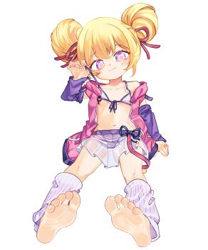 1girl barefoot bikini blonde_hair blush breasts chaosexceed closed_mouth commentary detached_sleeves double_bun english_commentary feet front-tie_bikini_top front-tie_top full_body hair_bun hair_ribbon highres jacket leg_warmers long_sleeves looking_at_viewer miniskirt navel open_clothes open_jacket original paid_reward_available pink_jacket pink_ribbon pleated_skirt purple_bikini purple_sleeves ribbon see-through_clothes see-through_skirt short_hair simple_background sitting skirt sleeveless sleeveless_jacket small_breasts soles solo star-shaped_pupils star_(symbol) swimsuit symbol-shaped_pupils toes white_background white_bikini white_leg_warmers white_skirt