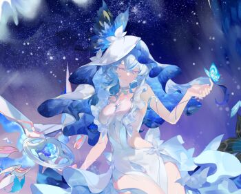 1girl armlet bare_shoulders blue_butterfly blue_hair blue_veil breasts bug butterfly colored_eyelashes commentary_request dress hair_between_eyes half-closed_eyes hand_up insect jewelry medium_breasts parted_lips purple_eyes shorekeeper_(wuthering_waves) solo tameng_official two-tone_veil veil white_dress white_veil wuthering_waves