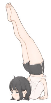 1girl 1ssakawaguchi absurdres barefoot black_eyes black_hair dolphin_shorts full_body highres ichika_(1ssakawaguchi) legs_up midriff original shirt short_hair short_shorts short_sleeves shorts simple_background top-down_bottom-up white_background white_shirt yoga