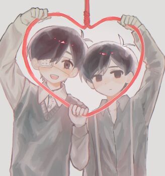 2boys :d alternate_costume alternate_sleeve_length antenna_hair arm_at_side arm_up black_eyes black_hair buttons chromatic_aberration collared_shirt commentary_request dual_persona empty_eyes expressionless eyepatch grey_background grey_shirt grey_sweater_vest hair_behind_ear hair_between_eyes hand_up heart long_sleeves looking_at_viewer male_focus medical_eyepatch multiple_boys no_pupils noose omori omori_(omori) one_eye_covered open_mouth pale_skin puffy_long_sleeves puffy_sleeves rou_(h_s_sinrin) round_teeth shirt short_hair simple_background smile sunny_(omori) suspenders sweater_vest teeth upper_body upper_teeth_only very_short_hair white_shirt