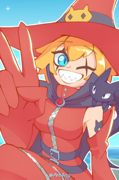 arciarcy belt cape digimon digimon_(creature) hat one_eye_closed v wink witch witch_hat witchmon