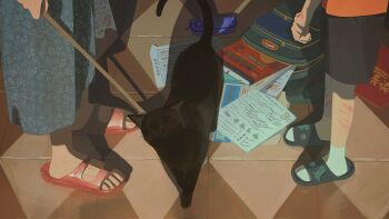 Rule 34 | 1boy, 1girl, academic test, animal, backpack, bag, barefoot, black cat, black shorts, blue dress, book, cat, commentary, dress, flip-flops, highres, holding, holding own hand, holding stick, injury, jiankun yu, lower body, mother and son, orange shirt, original, out of frame, paper, pencil case, sandals, scratches, shirt, shorts, socks, stick, test score, tile floor, tiles, white socks