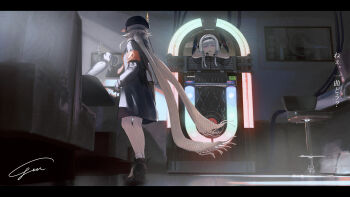 0gen3_illust 2girls armband bar_stool black_border black_coat black_hat booth_seating border bracelet chair coat commentary_request crossed_arms from_below grey_hair hairband hat highres indoors jewelry jukebox long_hair multiple_girls open_mouth original painting_(object) purple_eyes scarf short_hair signature standing stool translation_request vinyl_record