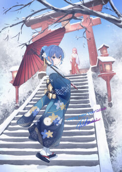 Rule 34 | 2026, 2girls, absurdres, alternate costume, blue eyes, blue hair, blue kimono, blue sky, broom, closed mouth, commentary, day, floral print, floral print kimono, fur collar, furisode, hair bun, hakama, happy new year, highres, holding, holding broom, holding umbrella, hololive, hoshimachi suisei, japanese clothes, kimono, looking at viewer, miko, multiple girls, new year, niharai, oil-paper umbrella, okobo, on stairs, outdoors, pink hakama, platform sandals, print kimono, red umbrella, sakura miko, sandals, short hair, sidelocks, single hair bun, sky, smile, snowing, socks, solo focus, standing, star (symbol), star in eye, symbol in eye, table, torii, umbrella, virtual youtuber, white kimono, white socks