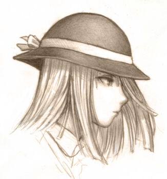 Rule 34 | 1girl, bow, closed mouth, deviantart, expressionless, graphite (medium), hair over one eye, hat, hat bow, hat ribbon, idnar, mawari madoka, ribbon, short hair, simple background, solo, tenjou tenge, traditional media, white background