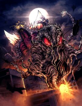 Rule 34 | aircraft, airplane, alien, black sky, breath weapon, breathing lightning, building, city, claws, cloud, colored sclera, crest, crystal, destruction, dinosaur, electricity, explosion, fighter jet, full moon, giant, giant monster, glowing, glowing crest, glowing eyes, glowing horns, glowing mouth, godzilla (series), godzilla vs. hedorah, godzilla vs. spacegodzilla, hedorah, helicopter, highres, horns, kaiju, military, military vehicle, monster, moon, motion blur, night, no humans, pollution, red eyes, red sclera, shoulder spikes, sky, skyscraper, slime (creature), slime (substance), space monster, spacegodzilla, spiked tail, spikes, tail, thagomizer, thomdotartz, toho, yellow electricity, yellow eyes