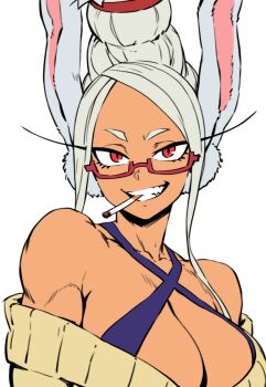 1girl animal_ears ayase_seiko ayase_seiko_(cosplay) bare_shoulders beehive_hairdo boku_no_hero_academia breasts cigarette cleavage collarbone commentary cosplay criss-cross_halter dandadan dark-skinned_female dark_skin english_commentary glasses grin halterneck highres large_breasts long_eyelashes long_hair looking_at_viewer mirko off-shoulder_cardigan parallaxfused parted_bangs rabbit_ears rabbit_girl red-framed_eyewear red_eyes semi-rimless_eyewear simple_background smile solo tall_hair toned toned_female upper_body white_background white_hair yellow_card