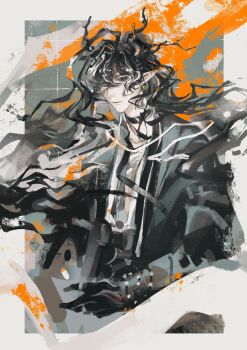 Rule 34 | 1boy, absurdres, arknights, black hair, black hands, black jacket, closed mouth, colored extremities, dragon boy, dragon horns, earrings, grey background, hair between eyes, heterochromia, highres, horns, hycircoad, jacket, jewelry, long hair, long sleeves, looking at viewer, male focus, multicolored hair, pointy ears, ring, solo, streaked hair, upper body, wang (arknights)