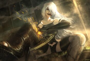 1girl a2_(nier:automata) absurdres android artist_name black_gloves black_shorts blue_eyes boots breasts building car commentary damaged elbow_gloves exposed_internal_machinery full_body gloves hair_over_one_eye high_heel_boots high_heels highres joints light_particles linadia11 long_hair maintenance mole mole_under_mouth motor_vehicle mouth_hold nier:automata nier_(series) on_car open-toe_boots outdoors robot_joints ruins rust screwdriver shorts sidelighting sitting skin_seams smoke solo sparks thigh_boots toes white_hair
